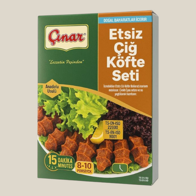 TuanaShop BV Çınar Etsiz Çiğ Köfte Seti verpakking met afbeelding van veganistische Turkse bulgurhapjes en sla.