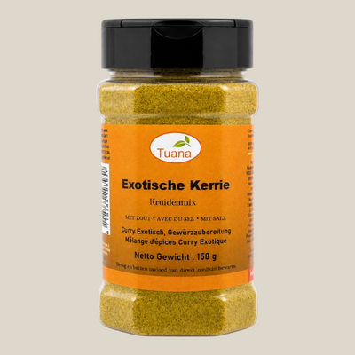 TuanaShop BV pot met 150g Exotische Kerrie kruidenmix, een goudgele aromatische blend van specerijen voor warme gerechten.