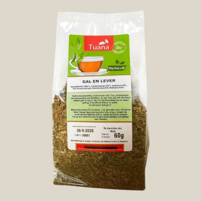 TuanaShop BV Gal en Leverkruid kruidenthee in een doorzichtige verpakking van 60 gram met ingrediënteninformatie.