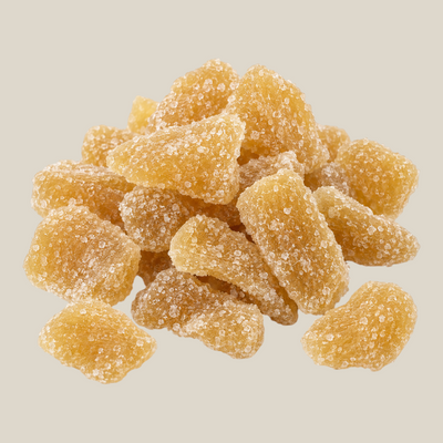 TuanaShop BV gekonfijte gemberstukjes met een suikerlaagje, een zoet-pittige snack van gedroogde gemberwortel.