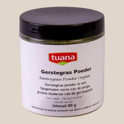 TuanaShop BV Gerstegras Poeder in een pot van 80g, een fijn groen supplement voor smoothies en gezonde dranken.