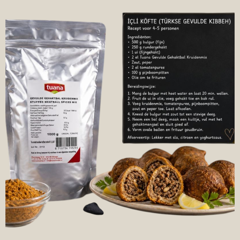 TuanaShop BV gevulde gehaktbal kruidenmix in zilveren verpakking naast een bord met traditionele Turkse icli kofte