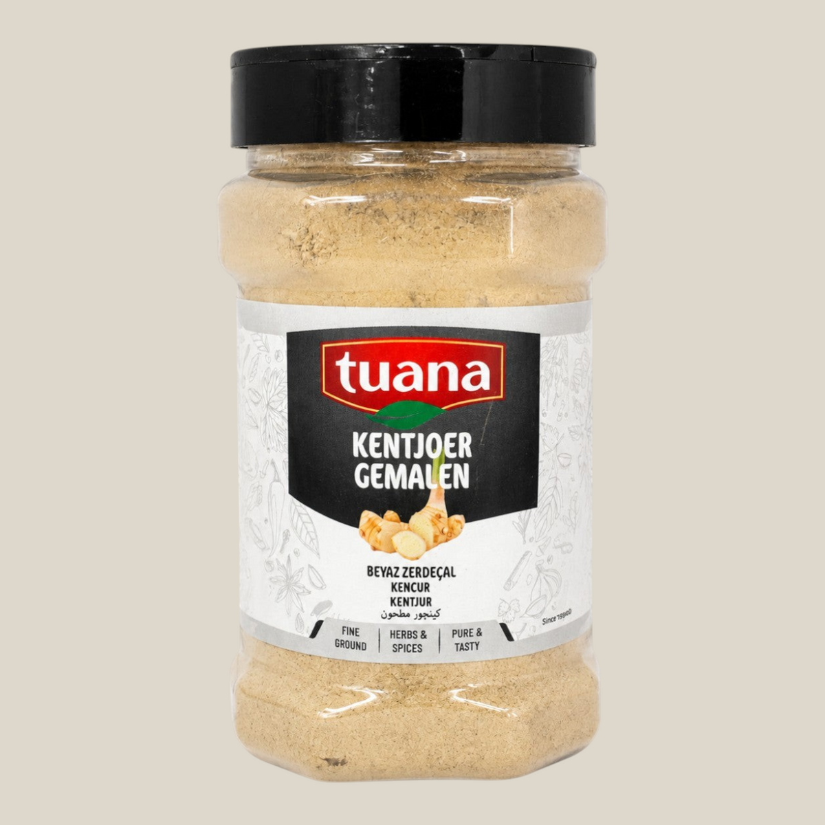 TuanaShop BV Kentjoer Gemalen poeder in een doorzichtige kruidenpot met zwarte schroefdop