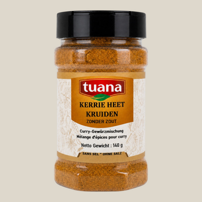 TuanaShop BV pot met pittige Kerrie Heet kruidenmix, een goudgele specerijenmix voor curry's en stoofschotels.