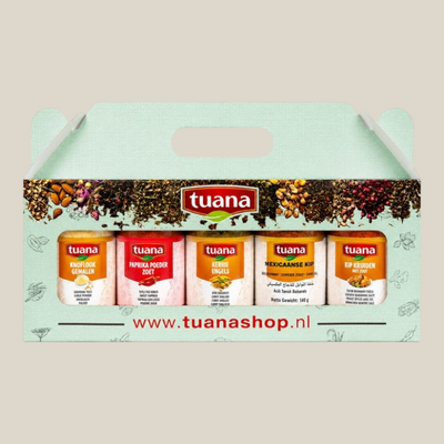 TuanaShop BV luxe kruidenpakket met vijf potjes kruiden voor kip, inclusief kerrie, paprika en knoflook in cadeauverpakking