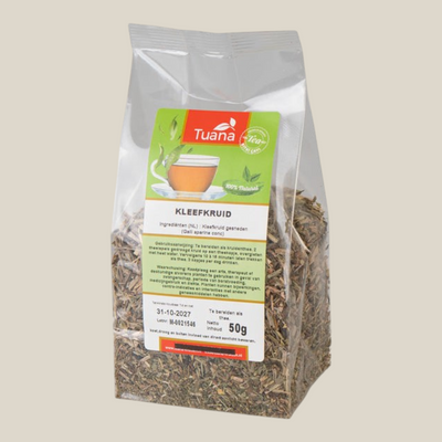 TuanaShop BV verpakking met 50g gedroogd kleefkruid voor kruidenthee in een doorzichtige stazak