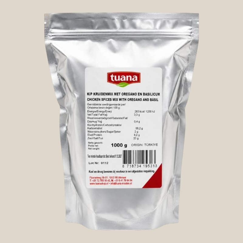 TuanaShop BV kip kruidenmix met oregano en basilicum in een zilverkleurige verpakking van 1000 gram.