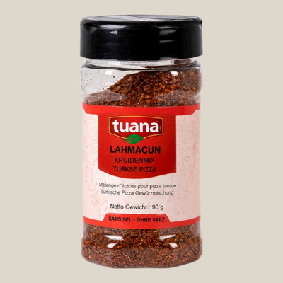 TuanaShop BV Turkse pizza kruiden mix voor lahmacun in een transparante strooibus van 90 gram