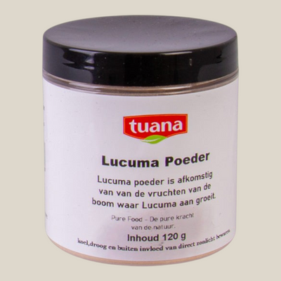 TuanaShop BV Lucuma Poeder in een pot van 120 gram, een natuurlijk zoet superfood uit Peru met vanille-karamelsmaak.