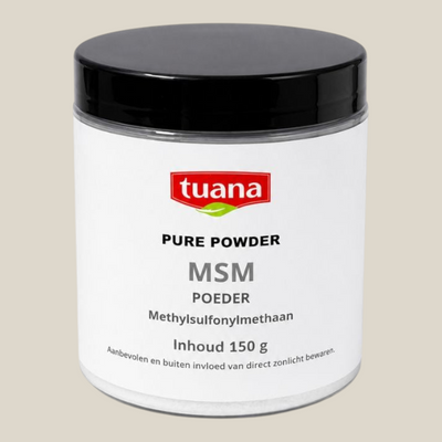 TuanaShop BV MSM poeder in een transparante pot met zwarte dop, 150 gram puur methylsulfonylmethaan supplement.
