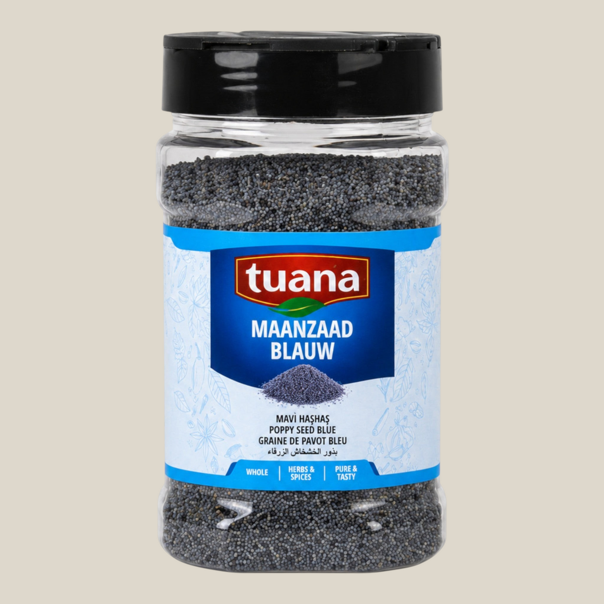 TuanaShop BV blauw maanzaad in een doorzichtige kruidenpot met zwarte dop voor bakken en garneren