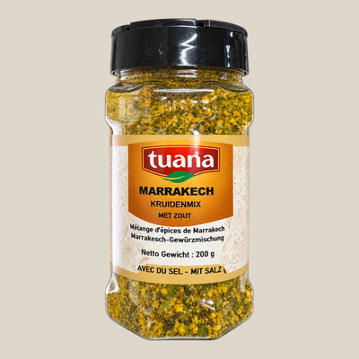 TuanaShop BV Marrakech kruidenmix met zout in een doorzichtige kruidenpot van 200 gram met zwarte schroefdop.