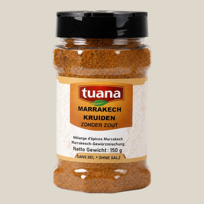 TuanaShop BV Marrakech kruidenmix in een doorzichtige pot met zwarte dop voor Marokkaanse gerechten