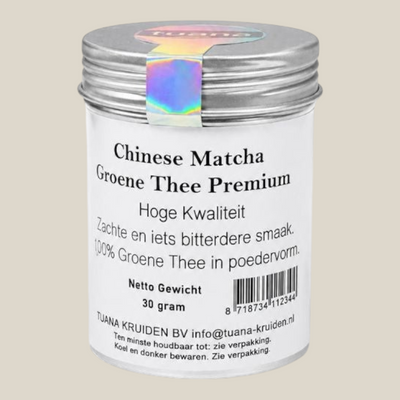 TuanaShop BV premium Chinese matcha groene thee in een zilverkleurige voorraadpot met holografisch etiket