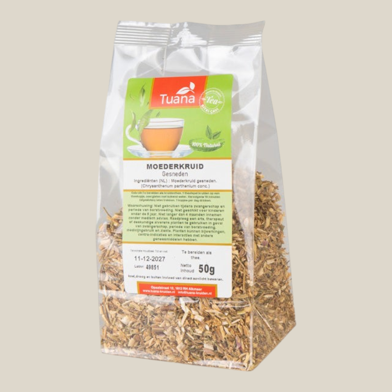 TuanaShop BV Moederkruid gesneden kruiden in een doorzichtige verpakking van 50 gram voor kruidenthee