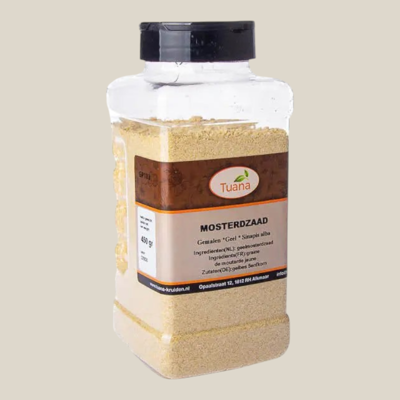 Tuana Mosterdzaad Geel Gemalen – gemalen geel mosterdzaad met pittige smaak voor mosterd, dressings, marinades, sauzen en vleesgerechten