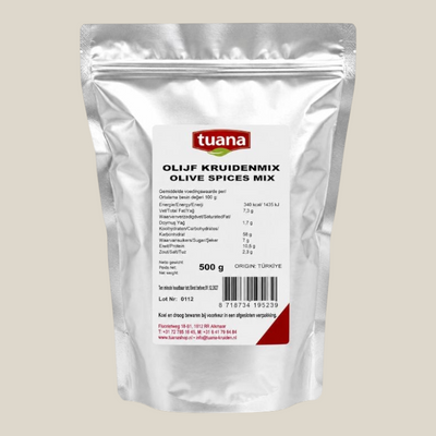 TuanaShop BV Olijven Kruidenmix in een zilverkleurige stazak van 500 gram met mediterrane kruiden voor tapas.