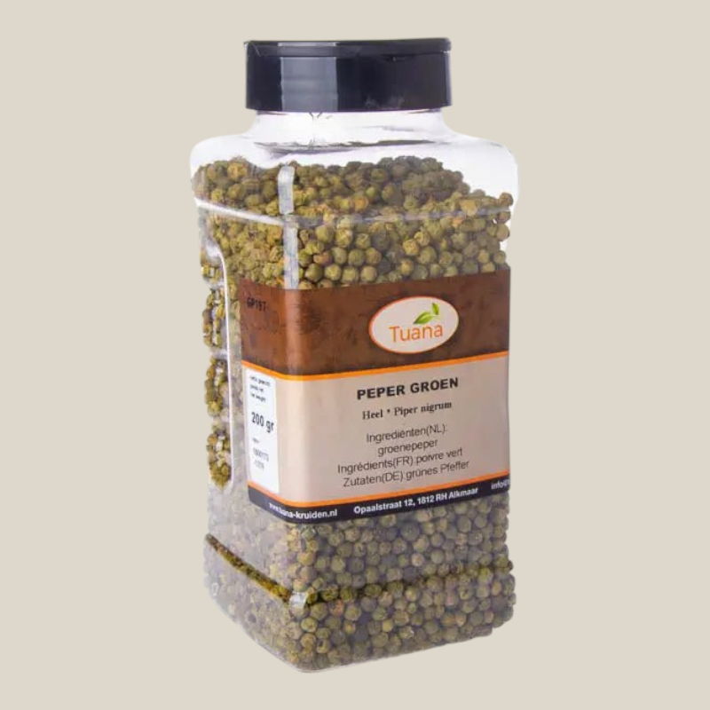 Tuana Peper Groen Heel – groene peperkorrels met frisse milde pittige smaak voor sauzen, marinades, vlees, vis en groentegerechten