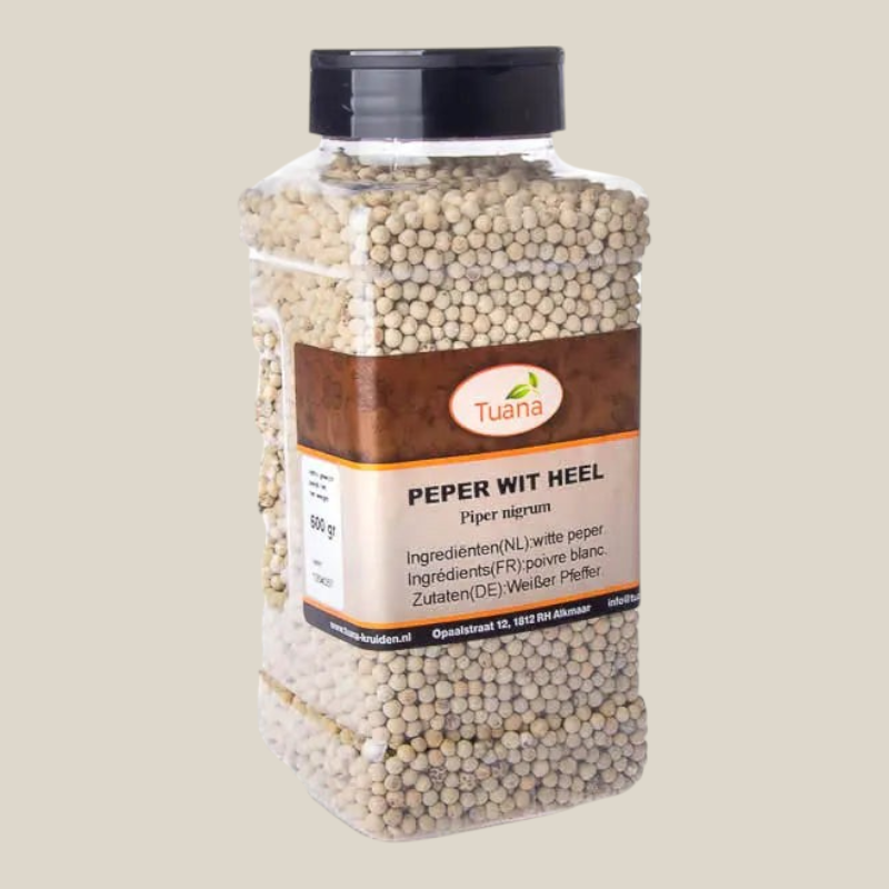 Tuana Peper Wit Heel – witte peperkorrels met milde pittige smaak voor sauzen, soepen, vis, gevogelte en pepermolens