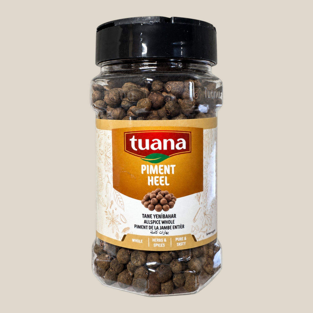 TuanaShop BV pot met hele pimentkorrels, ook wel allspice genoemd, in een doorzichtige kruidenverpakking.