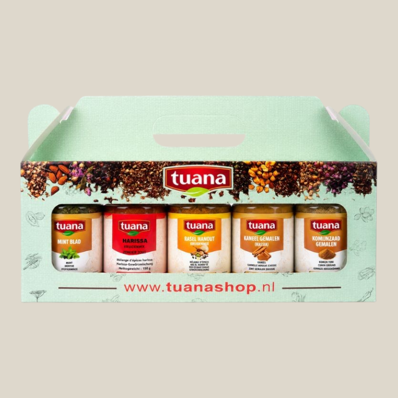 TuanaShop BV kruidenpakket met vijf verschillende specerijen in een luxe cadeauverpakking voor de thuiskok.