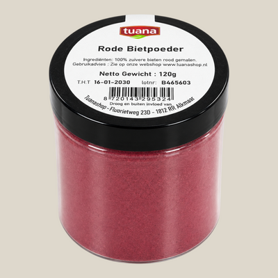 TuanaShop BV rode bietpoeder in een transparante pot met zwart deksel, 120 gram fijn gemalen rode bietenpoeder.