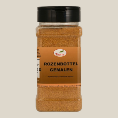 TuanaShop BV pot met gemalen rozenbottel poeder, rijk aan vitamine C voor smoothies en thee