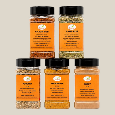 TuanaShop BV BBQ kruidenpakket met 5 verschillende rubs in doorzichtige potten voor vlees, kip en lamsgerechten.