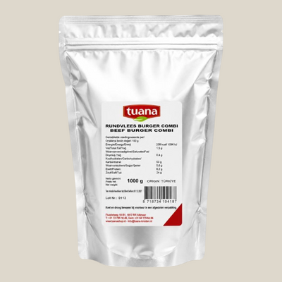 TuanaShop BV Rundvlees Burger Combi kruidenmix in een zilverkleurige stazak van 1000 gram voor sappige hamburgers.