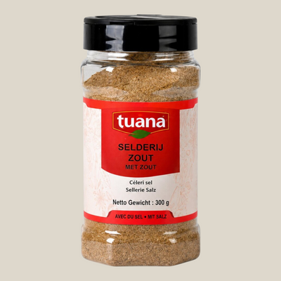 TuanaShop BV pot met selderijzout, een smaakvolle mix van gemalen selderijzaad en zout voor soepen en sauzen.