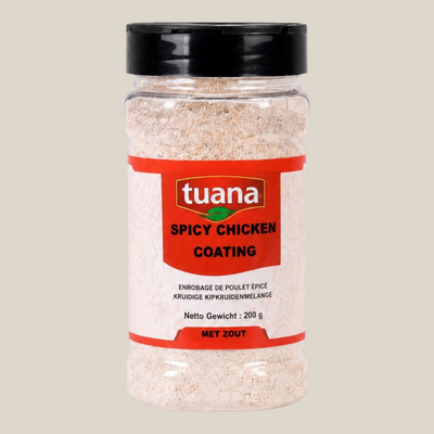 TuanaShop BV Spicy Chicken Coating in een doorzichtige kruidenpot voor een knapperige en pittige kiplaag.