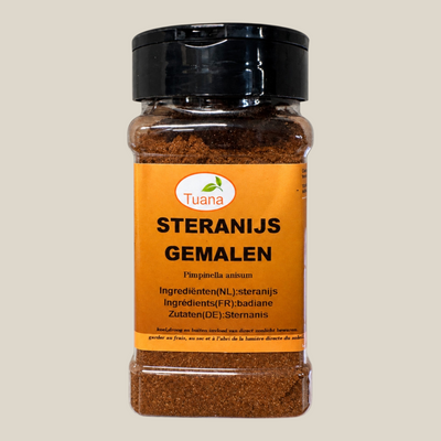 TuanaShop BV pot met gemalen steranijs, een aromatische bruine specerij voor stoofschotels en desserts.