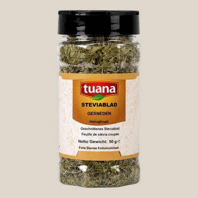 TuanaShop BV pot met gedroogde en gesneden stevia bladeren voor natuurlijke zoete smaak in gerechten en dranken