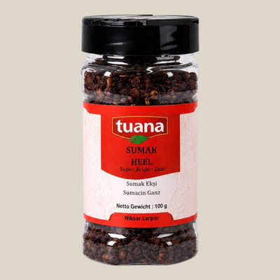 TuanaShop BV pot met hele sumak bessen, een aromatische en lichtzure specerij voor salades en warme gerechten.