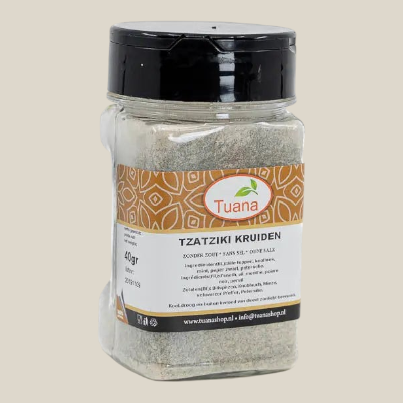 Tuana Tzatziki Kruiden – kruidenmix voor tzatziki, yoghurtsaus, dips, vlees en Griekse gerechten met frisse knoflook- en dillesmaak