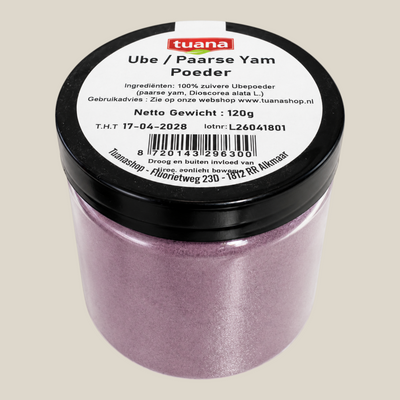 TuanaShop BV ubepoeder gemaakt van paarse yam in een doorzichtige pot met zwart deksel en productinformatie