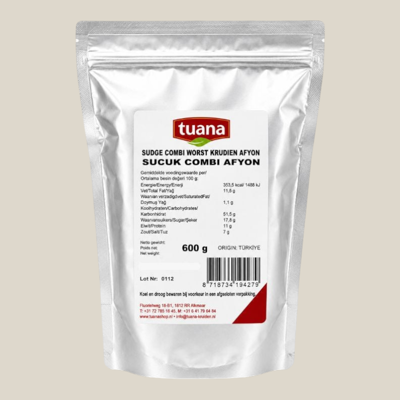TuanaShop BV Sucuk Combi Afyon kruidenmix in een zilverkleurige stazak van 600 gram voor authentieke Turkse worst.
