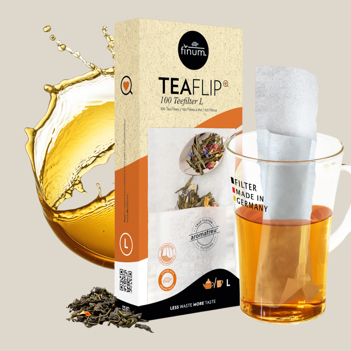 TuanaShop BV verpakking met 100 biologisch afbreekbare theefilters maat L, inclusief glazen kop thee en losse thee.
