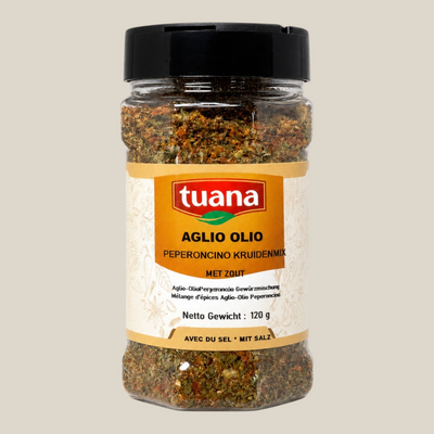 TuanaShop BV Aglio Olio Peperoncino kruidenmix in een glazen pot met zwarte dop voor pasta en Italiaanse gerechten