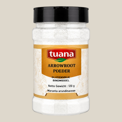 TuanaShop BV Arrowroot poeder in een doorzichtige pot met zwart deksel, een natuurlijk glutenvrij bindmiddel.