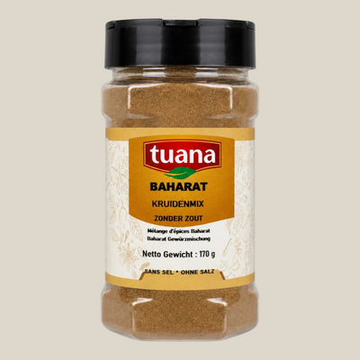 TuanaShop BV Baharat kruidenmix in een transparante pot van 170 gram met zwarte dop voor Midden-Oosterse gerechten.