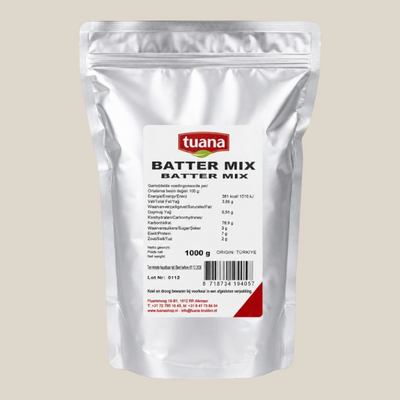 TuanaShop BV Batter Mix in een zilverkleurige stazak van 1000 gram voor knapperige vis, kip en groenten.