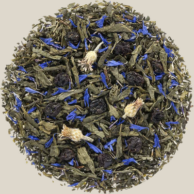 TuanaShop BV Blueberry Hill groene thee met rozijnen, korenbloem en goudsbloem in een ronde compositie