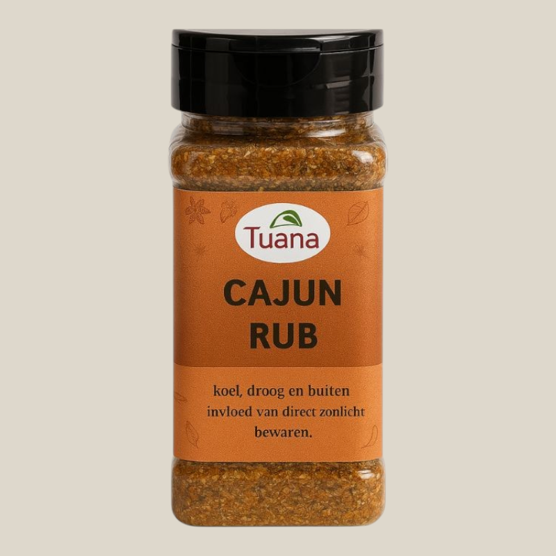 TuanaShop BV Cajun Rub kruidenmix in een doorzichtige kruidenpot met zwart deksel voor vlees en barbecuegerechten.