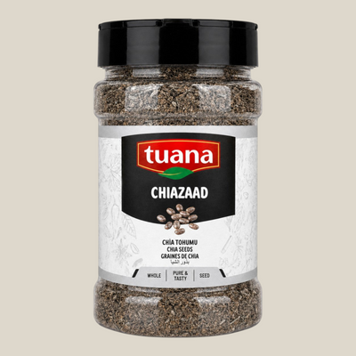 TuanaShop BV chiazaad in een doorzichtige kunststof pot met zwarte schroefdop, rijk aan omega-3 en vezels.