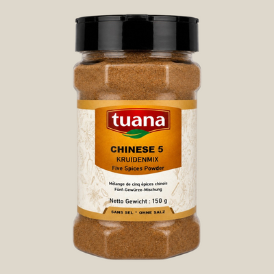 TuanaShop BV Chinese Vijf Kruiden specerijenmix in een transparante pot met zwart deksel en beige etiket.