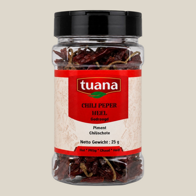 TuanaShop BV gedroogde chilipepers heel in een doorzichtige kruidenpot met zwart deksel