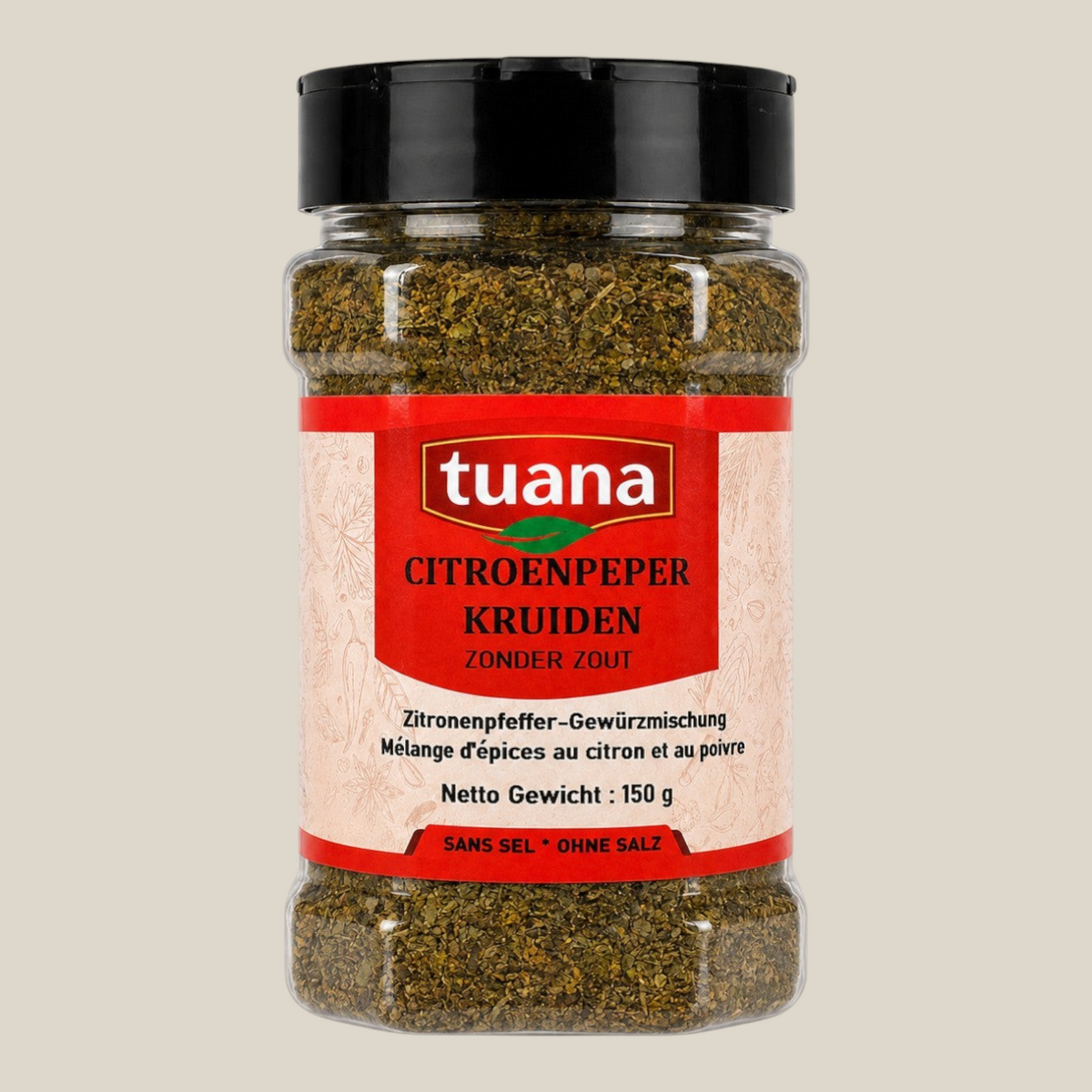TuanaShop BV citroenpeper kruidenmix in een doorzichtige pot met zwart deksel, ideaal voor vis en groenten.