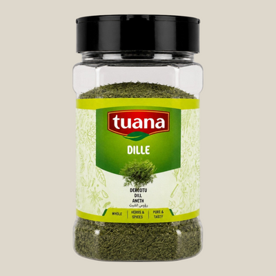 TuanaShop BV pot met gedroogde dille toppen, aromatisch kruid voor visgerechten en salades in een doorzichtige pot.