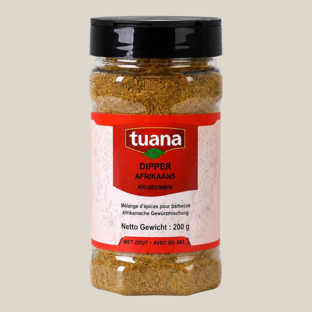 TuanaShop BV Dipper Afrikaans kruidenmix in een doorzichtige kruidenpot met zwart deksel en rood etiket.
